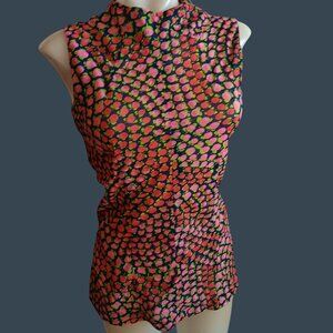 1OF1 Women's Medium Vintage Top Sleeveless Rose Print Blouse High Neck Sheer 70s